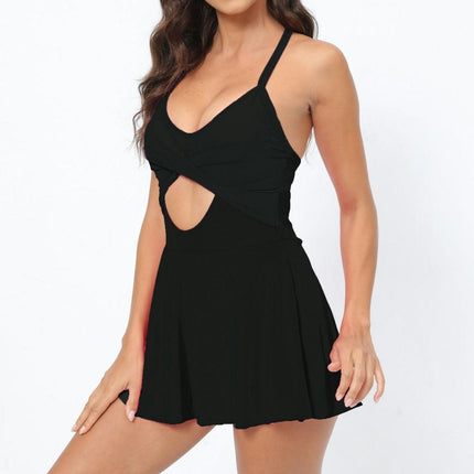 Women Cutout One Piece Skirt Swimsuit V Neck Wrap Swimdress Tummy Control Bathing Suits