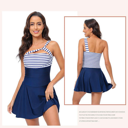 Womens One Piece Swimsuit Bathing Suits One Shoulder Cutout Swimdress with Skirt