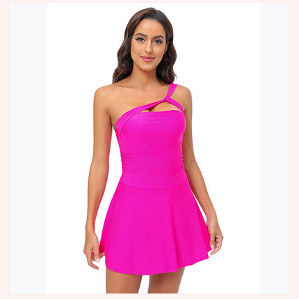 Womens One Piece Swimsuit Bathing Suits One Shoulder Cutout Swimdress with Skirt