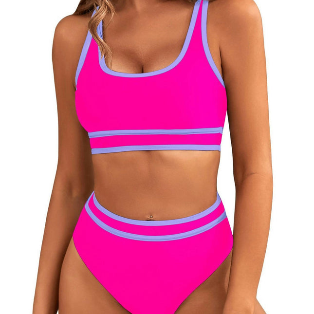 2 Piece High Waisted Bikini Set for Women Color Block Sporty Swimsuit Bathing Suit