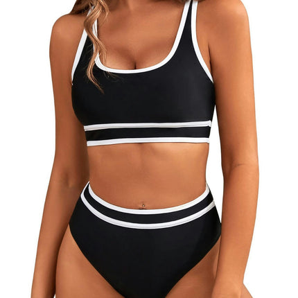 2 Piece High Waisted Bikini Set for Women Color Block Sporty Swimsuit Bathing Suit