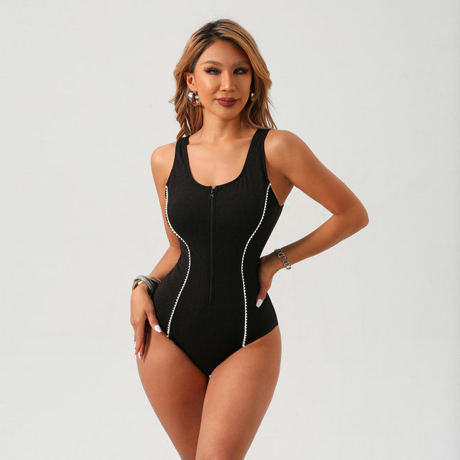 Womens Athletic One Piece Swimsuit Zipper Bathing Suit Sleeveless Swimwear