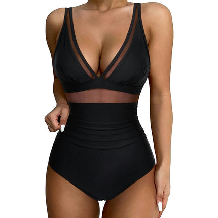 Women One Piece Swimsuits Tummy Control V Neck Bathing Suit Sexy Mesh Swimwear