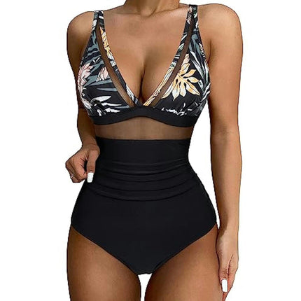 Women One Piece Swimsuits Tummy Control V Neck Bathing Suit Sexy Mesh Swimwear