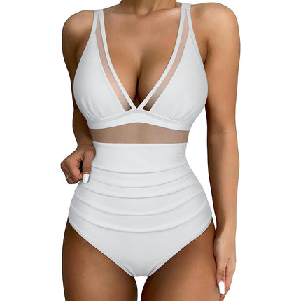 Women One Piece Swimsuits Tummy Control V Neck Bathing Suit Sexy Mesh Swimwear