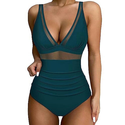 Women One Piece Swimsuits Tummy Control V Neck Bathing Suit Sexy Mesh Swimwear