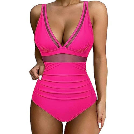 Women One Piece Swimsuits Tummy Control V Neck Bathing Suit Sexy Mesh Swimwear