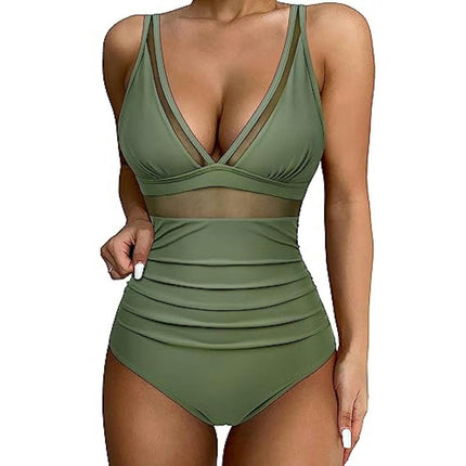 Women One Piece Swimsuits Tummy Control V Neck Bathing Suit Sexy Mesh Swimwear