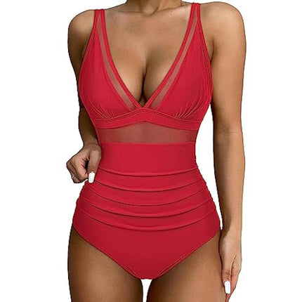 Women One Piece Swimsuits Tummy Control V Neck Bathing Suit Sexy Mesh Swimwear