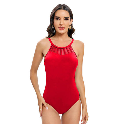 Women's One Piece Swimsuit Halter Mesh Bathing Suit Tummy Control Swimwear