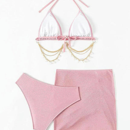 Women's 3 Piece Bikini Set Halter Triangle Chain Swimsuit Set with Beach Cover Ups Skirt Set