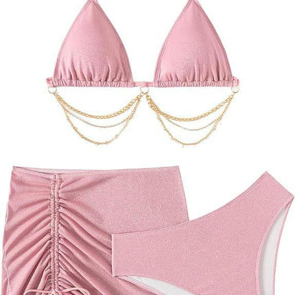 Women's 3 Piece Bikini Set Halter Triangle Chain Swimsuit Set with Beach Cover Ups Skirt Set