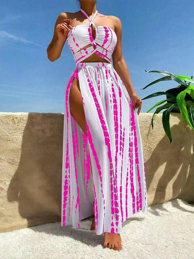 Women's Halter Bikini Bathing Suit Summer Swimsuit with Cover Up Beach Skirt 3 Piece Set