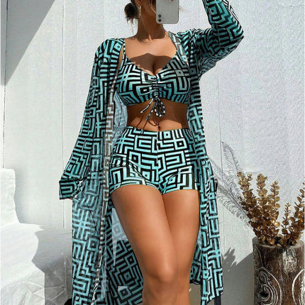 Women's 3 Piece Swimsuit Sexy Push Up Bikini Set with Kimono Cover Ups High Waist Beach Swimwear