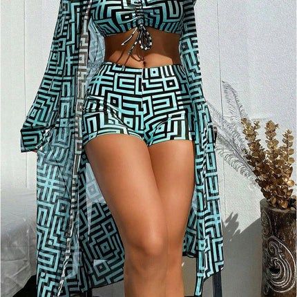 Women's 3 Piece Swimsuit Sexy Push Up Bikini Set with Kimono Cover Ups High Waist Beach Swimwear