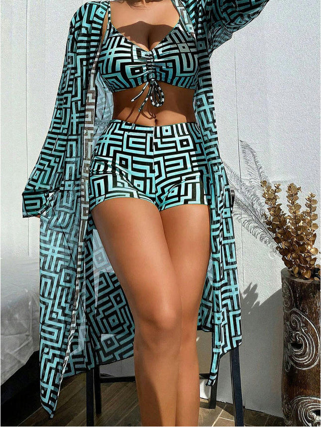 Women's 3 Piece Swimsuit Sexy Push Up Bikini Set with Kimono Cover Ups High Waist Beach Swimwear