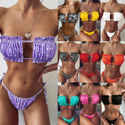 Women 2 Piece Strapless Bikini Swimsuits Ruffle Self Tie Bandeau Bikini Set String Bathing Suits