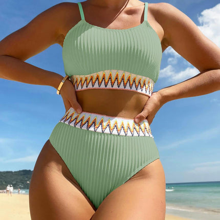 Women High Waisted Bikini Set Two Piece Swimsuit Color Block Spaghetti Strap Bathing Suit