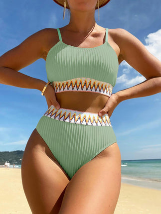 Women High Waisted Bikini Set Two Piece Swimsuit Color Block Spaghetti Strap Bathing Suit