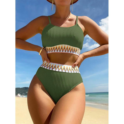 Women High Waisted Bikini Set Two Piece Swimsuit Color Block Spaghetti Strap Bathing Suit