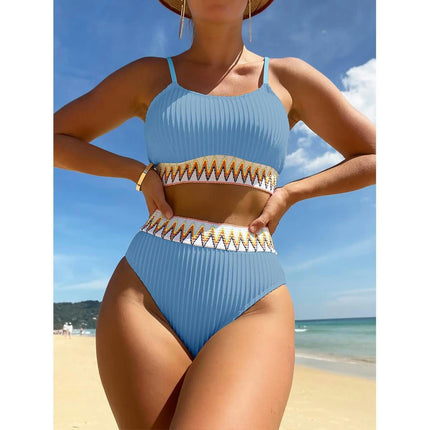 Women High Waisted Bikini Set Two Piece Swimsuit Color Block Spaghetti Strap Bathing Suit