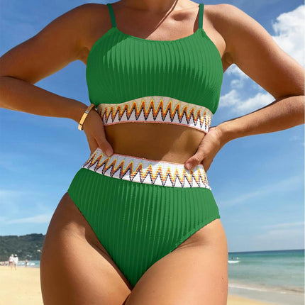 Women High Waisted Bikini Set Two Piece Swimsuit Color Block Spaghetti Strap Bathing Suit