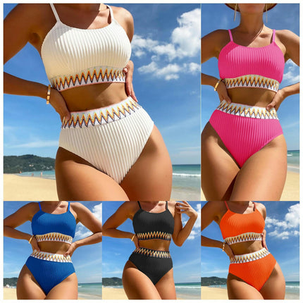 Women High Waisted Bikini Set Two Piece Swimsuit Color Block Spaghetti Strap Bathing Suit