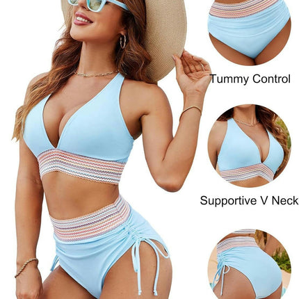 Womens High Waisted Bikini Sets Tummy Control Swimsuits Drawstring Two Piece Bathing Suit