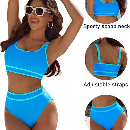 Women's High Waisted Bikini Sets Sporty Two Piece Swimsuits Color Block Bathing Suits