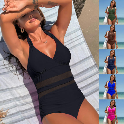 Women's One Piece Swimsuit Deep V Neck Tummy Control Mesh Bathing Suits