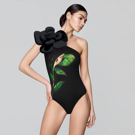 Women One Shoulder One Piece Swimsuit Tummy Control Bathing Suits 3D Flower Swimwear