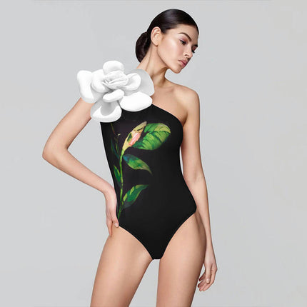 Women One Shoulder One Piece Swimsuit Tummy Control Bathing Suits 3D Flower Swimwear