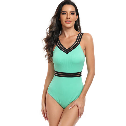 Women Sexy Tummy Control One Piece Swimsuit V Neck Mesh Bathing Suit