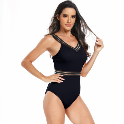 Women Sexy Tummy Control One Piece Swimsuit V Neck Mesh Bathing Suit