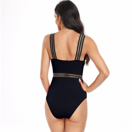 Women Sexy Tummy Control One Piece Swimsuit V Neck Mesh Bathing Suit