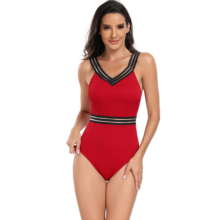 Women Sexy Tummy Control One Piece Swimsuit V Neck Mesh Bathing Suit