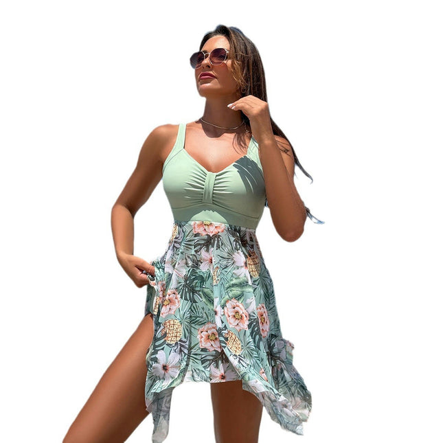 Women Two Piece Swim Dress Swimsuit V Neck Bathing Mesh Tankini Top with Tummy Control Shorts