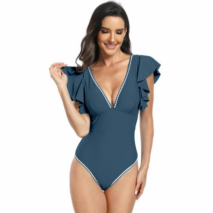 Womens Tummy Control Swimsuit V Neck One Piece Bathing Suits Slimming Ruffle Swimwear