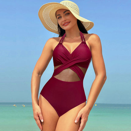 Women Tummy Control One Piece Swimsuit V Neck Bathing Suit Mesh Swimwear