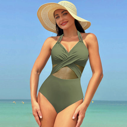 Women Tummy Control One Piece Swimsuit V Neck Bathing Suit Mesh Swimwear