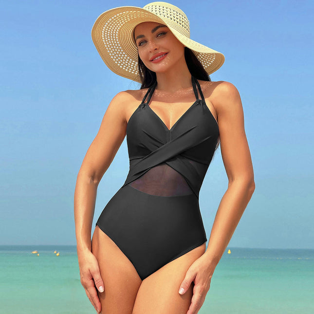 Women Tummy Control One Piece Swimsuit V Neck Bathing Suit Mesh Swimwear