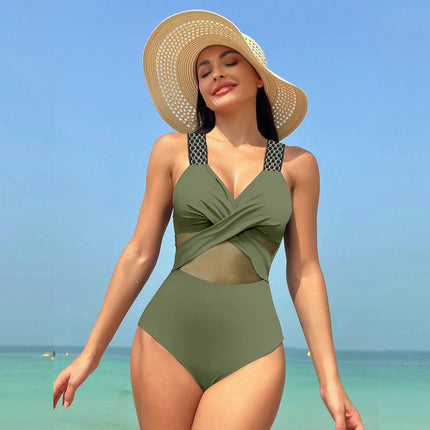 Women Tummy Control One Piece Swimsuit V Neck Bathing Suit Mesh Swimwear