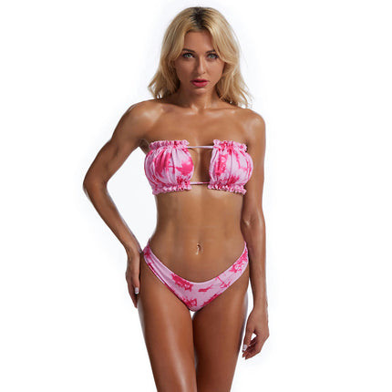 Women 2 Piece Strapless Bikini Swimsuits Ruffle Self Tie Bandeau Bikini Set High Cut Bathing Suits