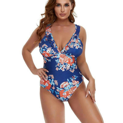 Womens One Piece Swimsuits Ruffled Deep V Neck Swimwear Tummy Control Monokini Bathing Suits