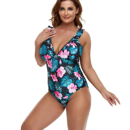 Womens One Piece Swimsuits Ruffled Deep V Neck Swimwear Tummy Control Monokini Bathing Suits