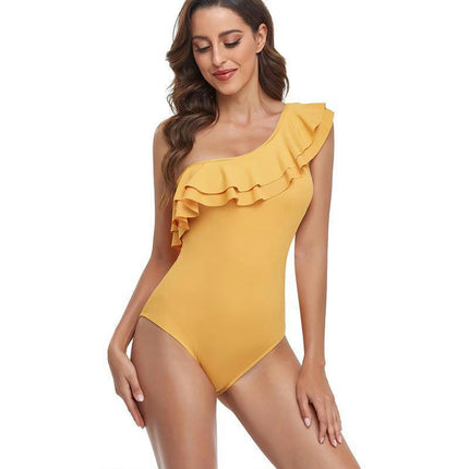 Women Ruffled One Shoulder One Piece Swimsuit Tummy Control  Bathing Suit Monokini Swimwear