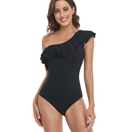 Women Ruffled One Shoulder One Piece Swimsuit Tummy Control  Bathing Suit Monokini Swimwear