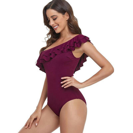 Women Ruffled One Shoulder One Piece Swimsuit Tummy Control  Bathing Suit Monokini Swimwear