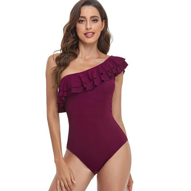 Women Ruffled One Shoulder One Piece Swimsuit Tummy Control  Bathing Suit Monokini Swimwear