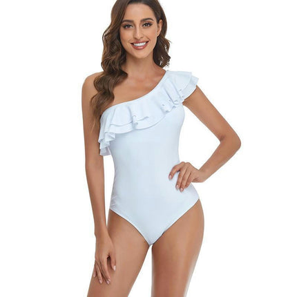 Women Ruffled One Shoulder One Piece Swimsuit Tummy Control  Bathing Suit Monokini Swimwear